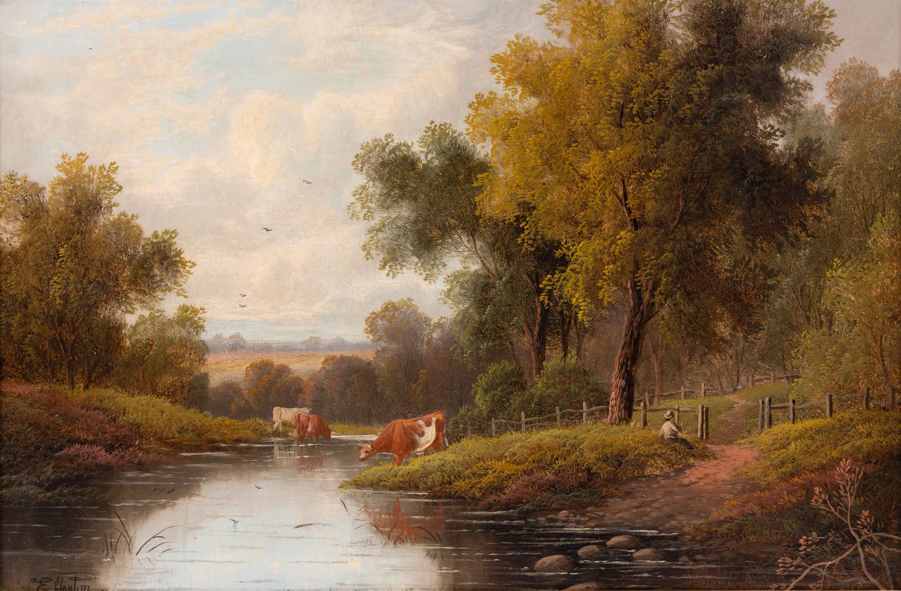 Etty Horton (British exh. 1892-1905): Rural Scenes with Figures and Cattle Watering, pair oils on canvas signed 39cm x 59cm (2)