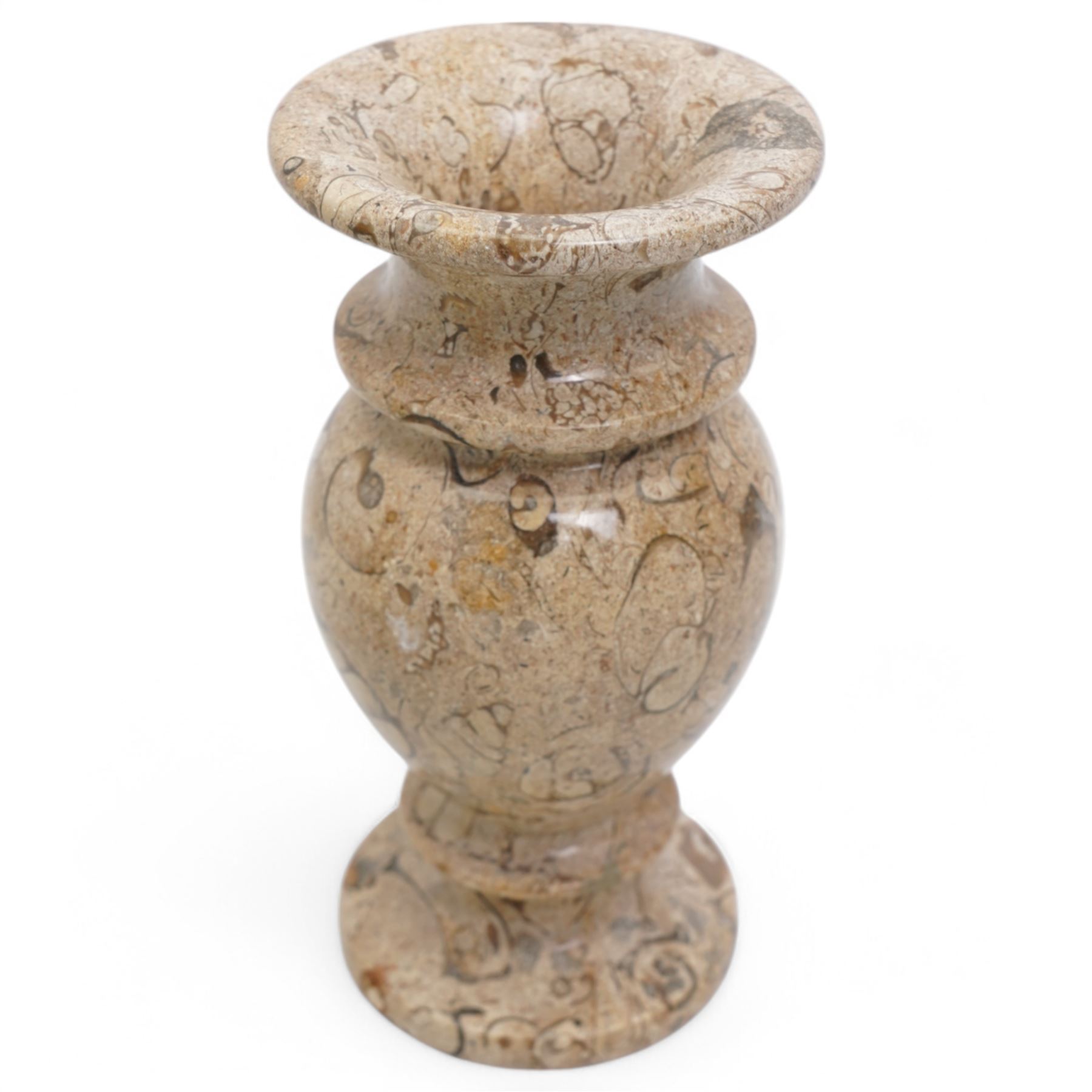 Pair of vases, of baluster form upon a stepped foot, with shell inclusions within the limestone, H15cm  