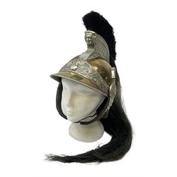 French Model 1913 mounted gendarmerie helmet; brass bodied with nickel mounts, chin strap, comb and horse-hair H27cm (no liner)