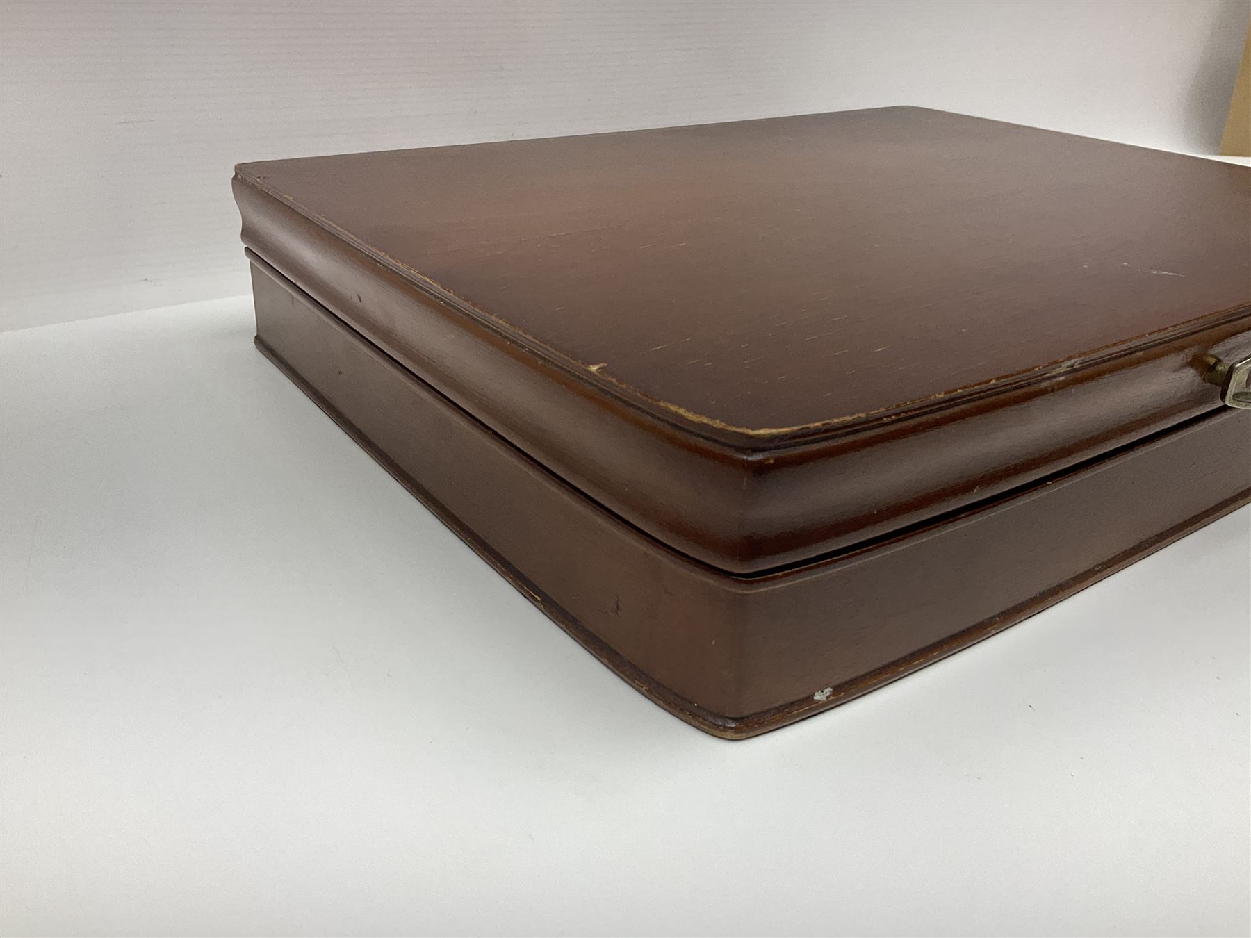 Canteen of King's pattern cutlery for six place settings by James Ryals of Sheffield, with two extra forks, pair of salad servers and six fish knives, all within fitted wooden case, together with six ivorine handled butter knives and six silver plated cake forks