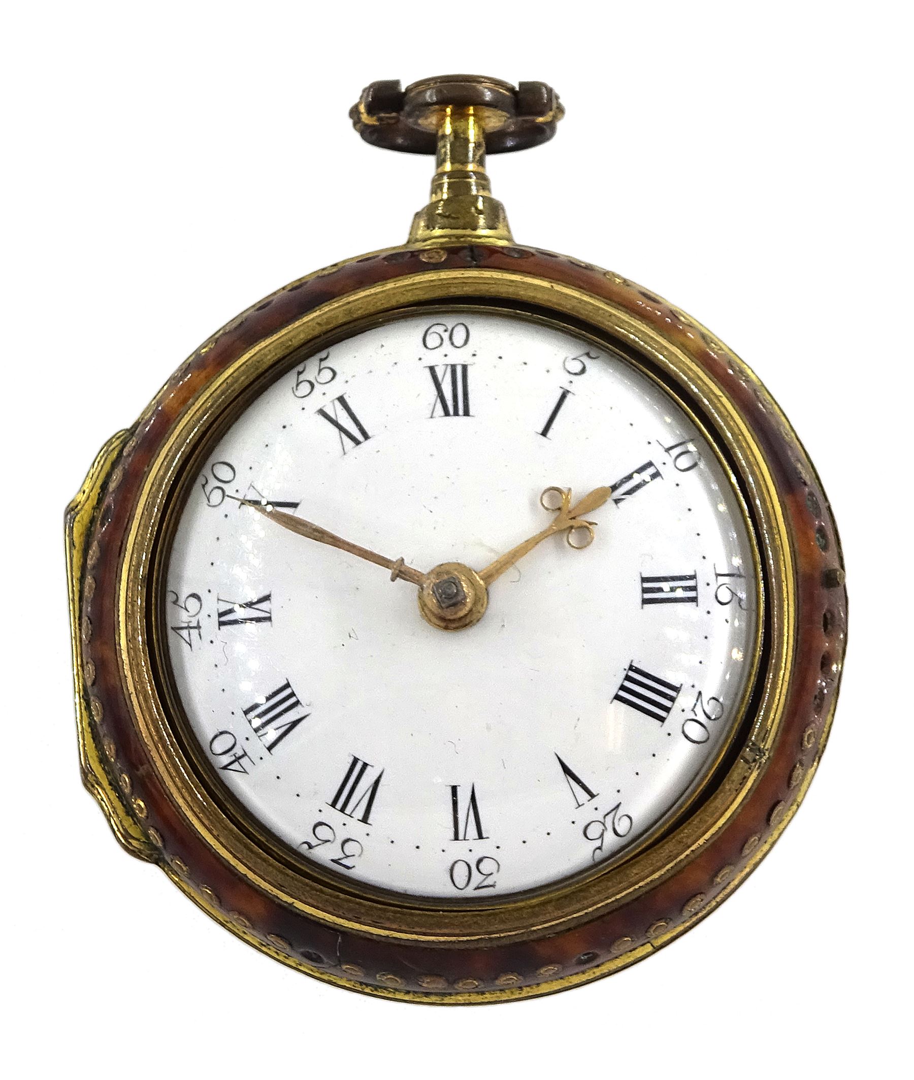 18th century gilt pair cased verge fusee pocket watch by Robert Hyland, London, No. 13345, round baluster pillars, pierced and engraved balance cock, white enamel dial with Roman hours and outer Arabic minute ring, beetle and poker hands, the outer tortoiseshell case with pique work borders