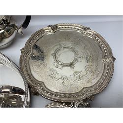 Collection of silver plated items, including tray, tea service, serving dish, toast rack, sauce boat, etc