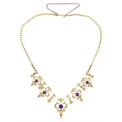 Edwardian 15ct gold amethyst and split pearl necklace