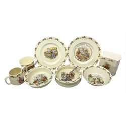 Royal Doulton Bunnykins ceramics, comprising two baby bowls, twin handled cup, two plates, money box, cup, bowl and spoon (9)