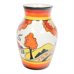 Wedgwood Bizarre by Clarice Cliff, Lotus Jug, House and Bridge, hand painted based upon an original, limited edition 134/250, with certificate and box, H21cm 