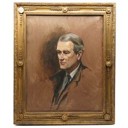 Brenda Bury (British 1932-): Members of European Parliament - 'Sir Stanley James Allen Hill' 'Sir Douglas Dodds-Parker' 'Sir William John Peel' 'Sir Brandon Meredith Rhys-Williams 2nd Baronet' 'Sir Tom Normanton' and 'John Hill MP', set of six oils on canvas signed with initials, in matching frames, 76cm x 59cm (6) Provenance: Property of a Nobleman.