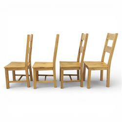 Modern light oak rectangular dining table, and eight high back chairs, stowable leaves extending to 270cm