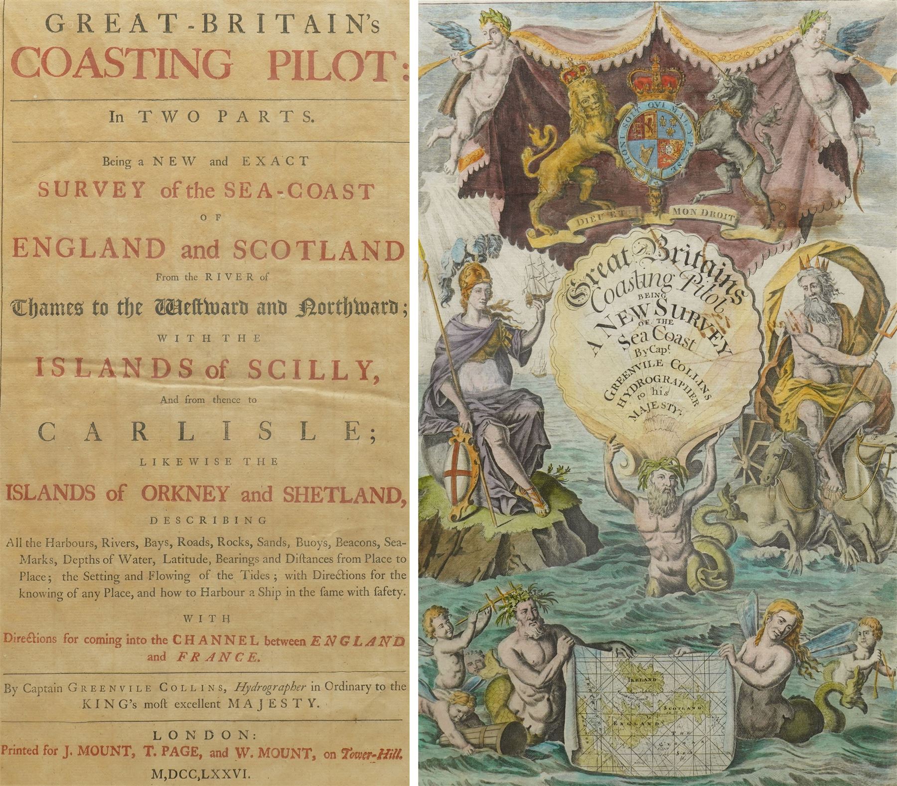 Francis Lamb (British fl.1667-1701): Frontispiece for 'Great Britain’s Coasting Pilot' by Capt. Greenville Collins depicting Britannia and Neptune flanking the title above mermen and mermaids presenting a chart of Great Britain, all surmounted by the Royal Arms, late 17th century engraving with hand-colouring pub. 1693, together with the associated letter press page, 42cm x 47cm (2)