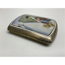Early 20th century Continental erotic cigarette case, the silver-plate body of curved rectangular form with cover decorated with painted enamel street scene depicting young boy in squatting position lighting a cigarette shielded from the wind by his girlfriend, who is lifting the skirt of her dress up over him, with gilt interior, L9cm