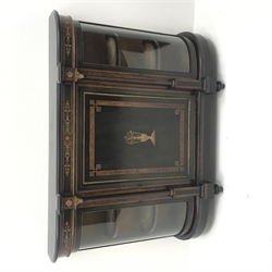  Victorian gilt metal mounted and amboyna banded ebonised credenza, central panel door inlaid with an urn, enclosed by two columns and curved glass doors, on turned supports, W154cm, D41cm, H110cm  