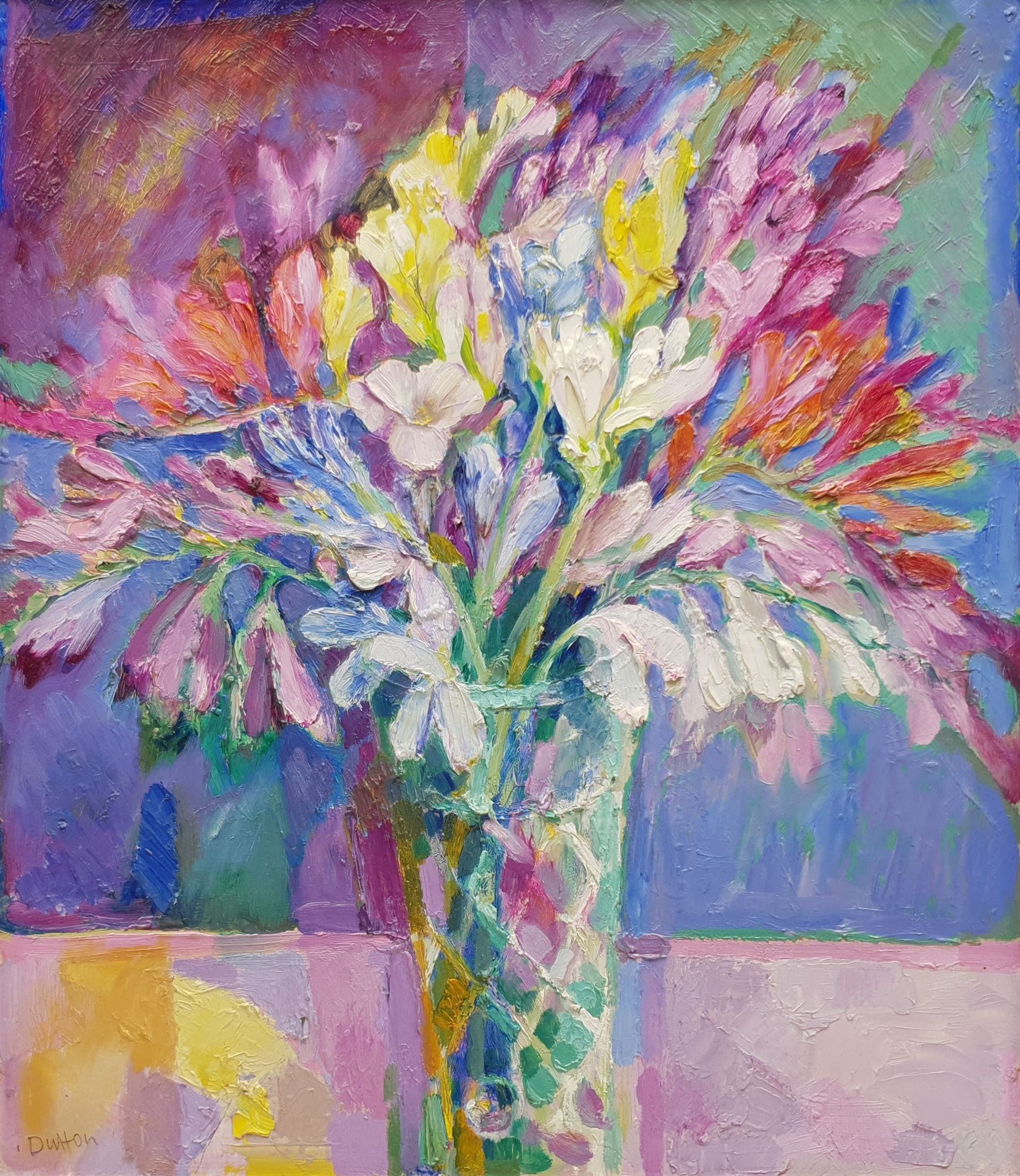 Martin Dutton (British 1939-): Still Life of Flowers, oil on board signed 35cm x 30cm