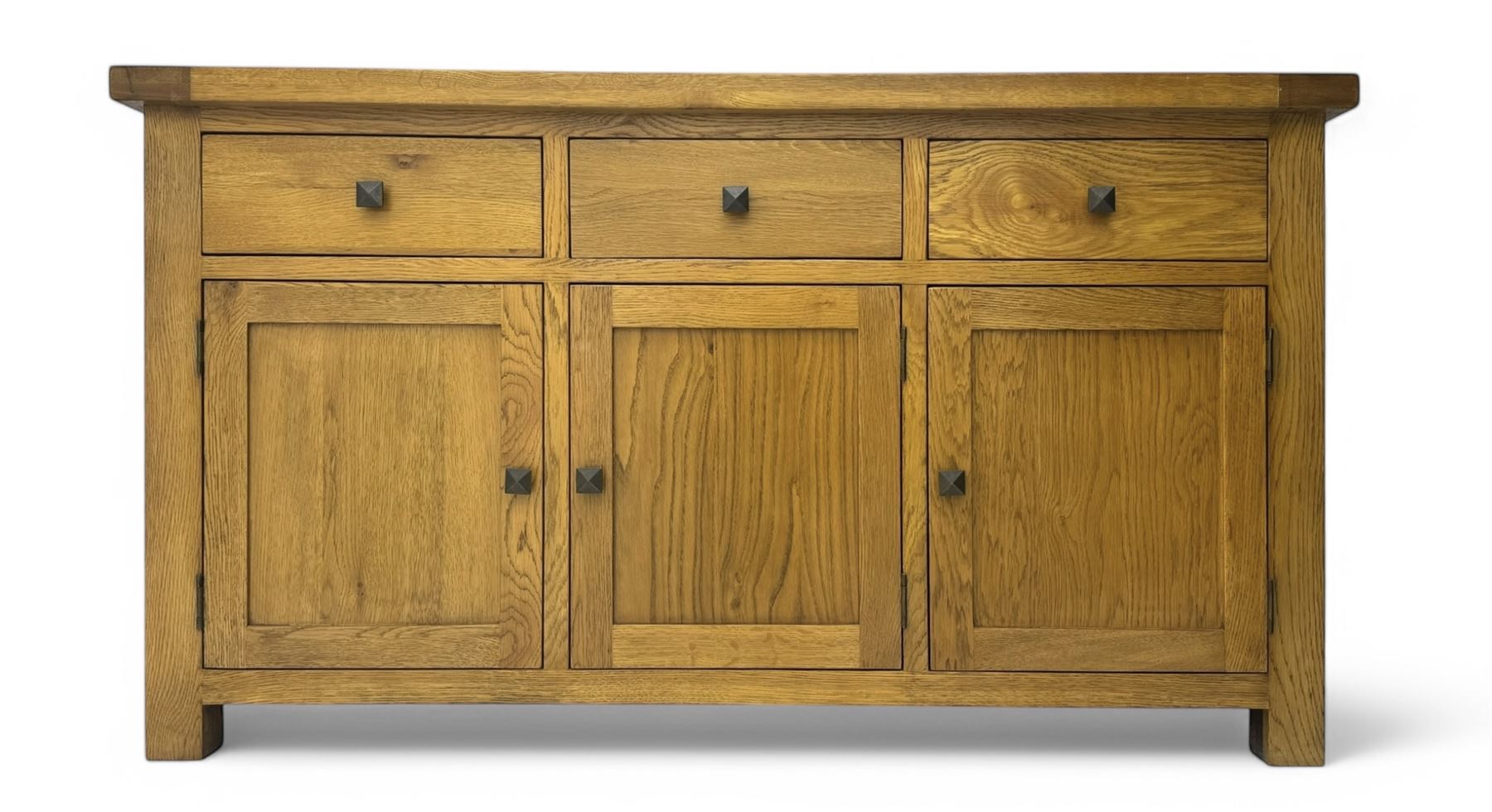 Oak Furnitureland, golden oak sideboard. Three single draws, three cupboard doors with single shelf