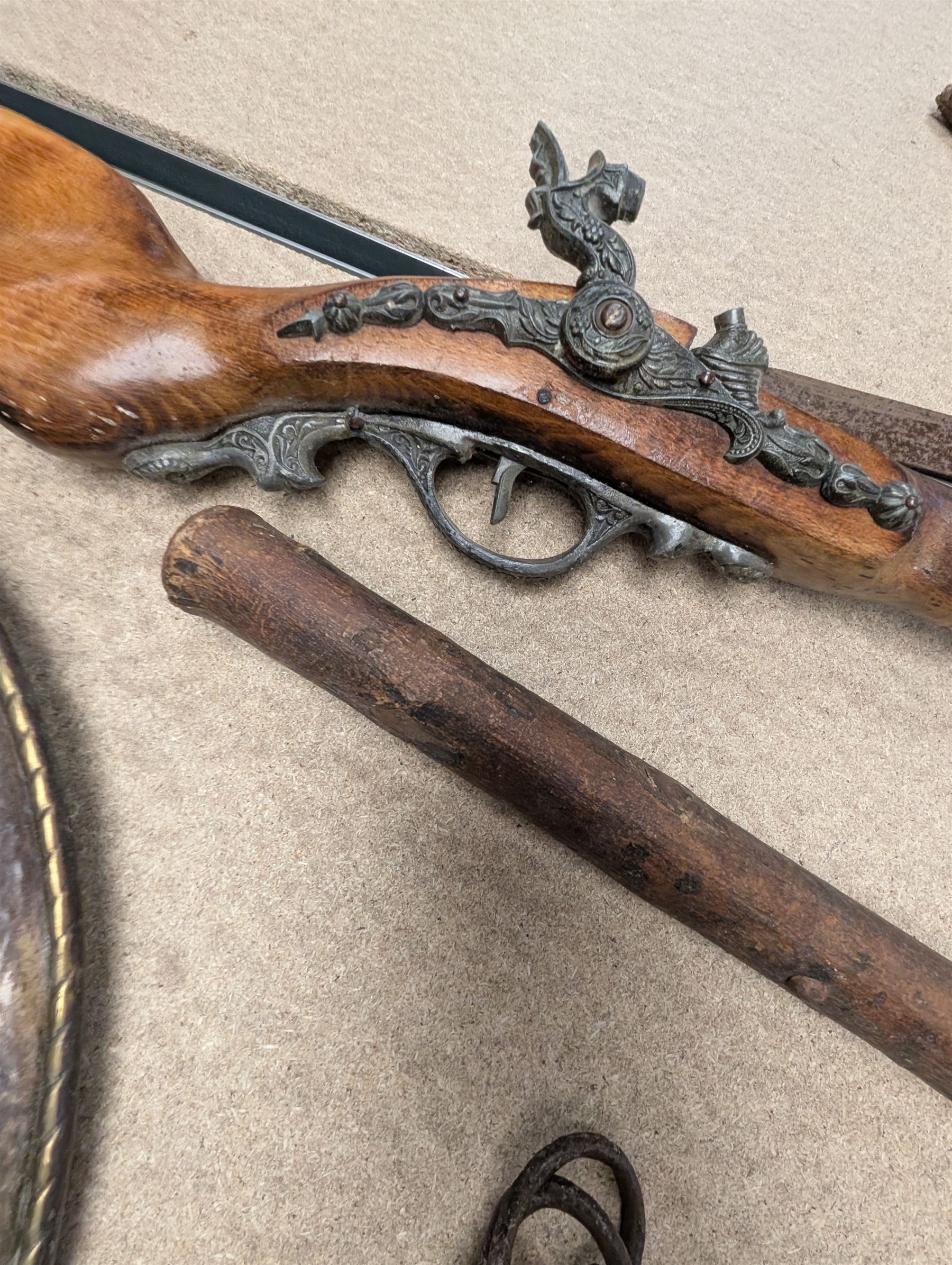 Copper shield and two rapiers, the shield depicting Peter Paul Rubens in relief,  together with a brass Sir Galahad charger, battle axe, mace, replica prop gun, etc