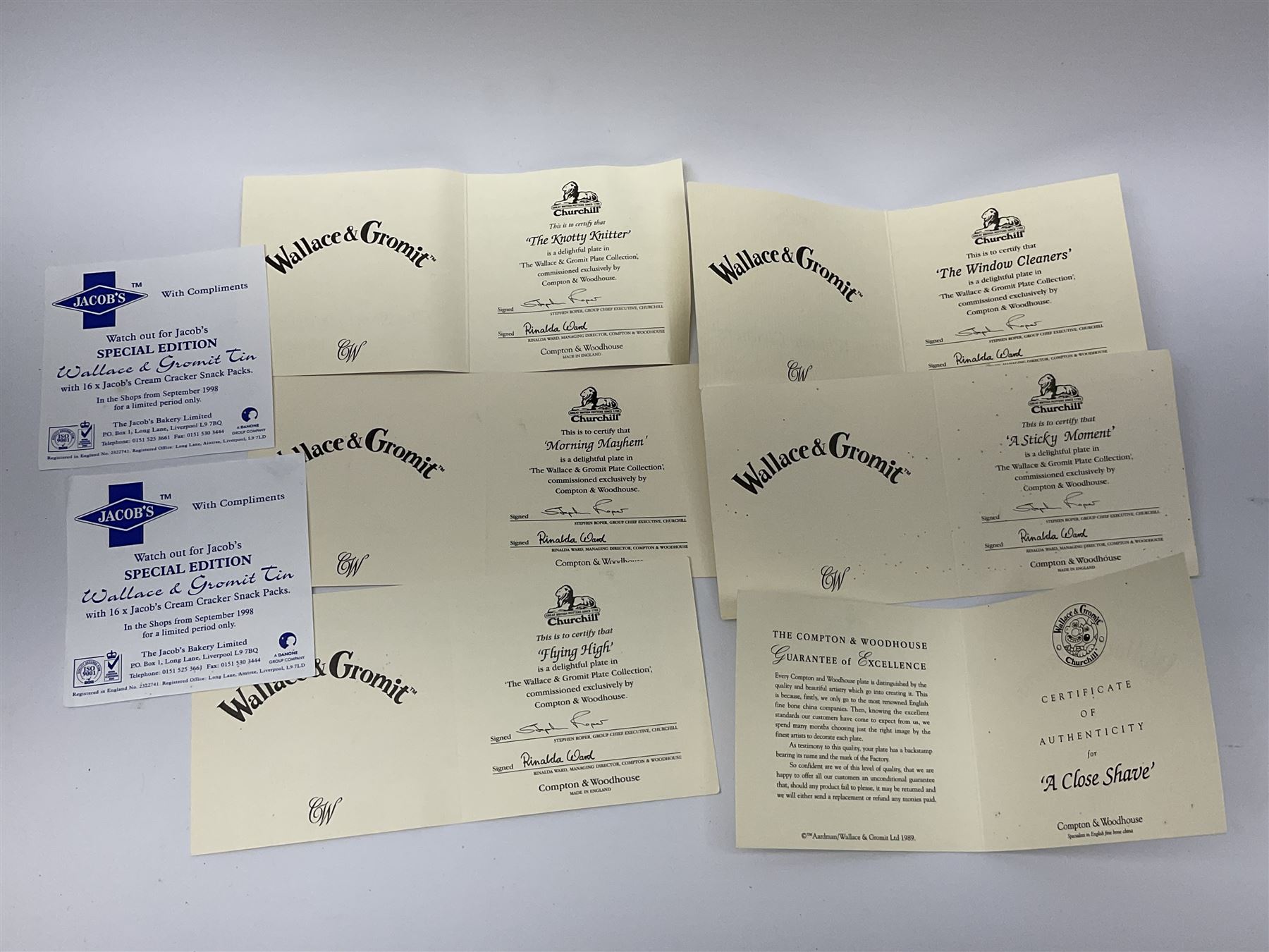 Eight Wallace and Gromit collectors plates, including ‘The Window Cleaners’ and ‘Morning Mayhem’ by Churchill Compton & Woodhouse, with boxes and certificates and two examples by Jacobs and limited edition Lurpak toast rack in box