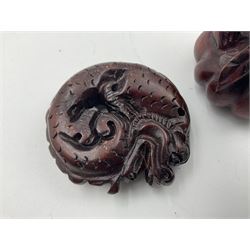 Seven carved netsukes, to include pig, elephant, dragons, rat etc 