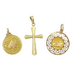 18ct gold bull design pendant, 14ct gold cross pendant and a gold Parthenon design pendant 