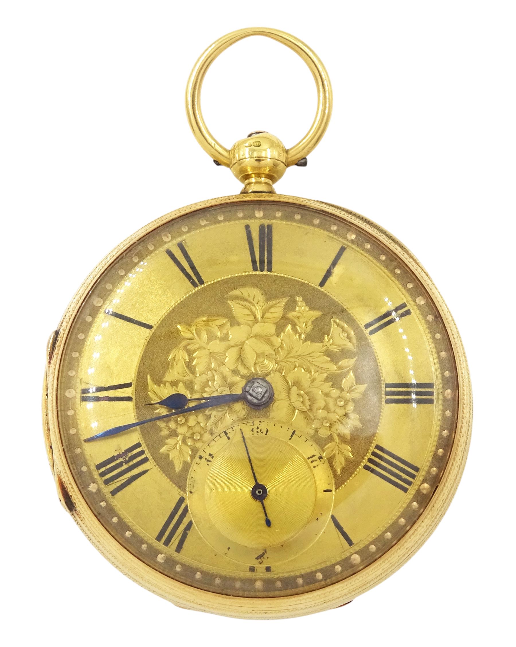 Victorian 18ct gold open face fusee lever pocket watch, No. 27704, gilt  dial with Roman numeral hour markers and subsidiary seconds dial, case by Wickes & Trahern, Chester 1887