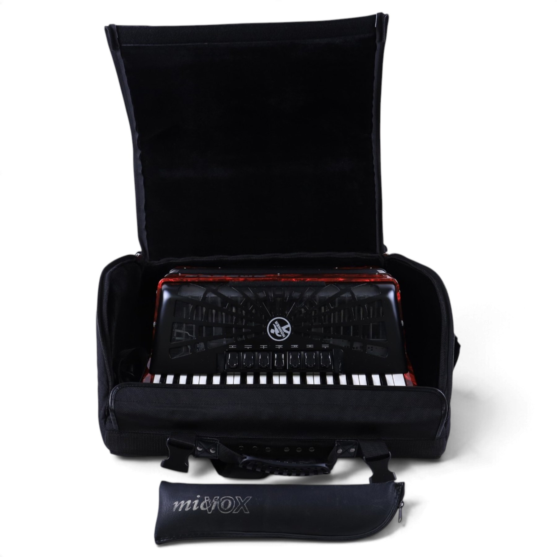 Hohner Bravo III accordion, with 96 bass buttons, pearlescent red case, with Hohner soft carry case and a Microvox microphone