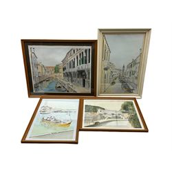 Watercolour of Thornton-le-Dale, three further watercolours by the same hand, and an overpainted print of a Yugoslav harbour (5)