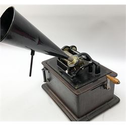 Edison Standard Phonograph with oak base (no cover), the reproducer marked 'Model C', serial no. 634857, last patent date Oct.1905, with black japanned conical horn L33cm; together with five cylinders