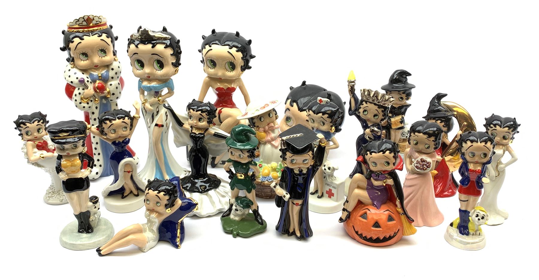A collection of nineteen Wade Betty Boop figures, comprising Premier Movie Queen, 232/250, Premier Collection Snow Queen, 319/500, Premier Jubilee, 81/500, Bust Moneybank, 180/500, Showtime, 251/750, Lazy Daze, 479/750, Nurse, 153/2000, Biker, 125/750, Superstar, 368/750, St Patrick's, 26/750, Springtime 208/1000, Cheers Ten Years, 36/1250, Halloween Trick Or Treat, 505/1000, Halloween 2002, 73/750, Liberty Figurine, 460/1000, Material Girl, 303/, and Graduate, 233/500, all with accompanying certificates, and three examples without certificates, Rainy Days, Rose, and Trick of Treat 2003.