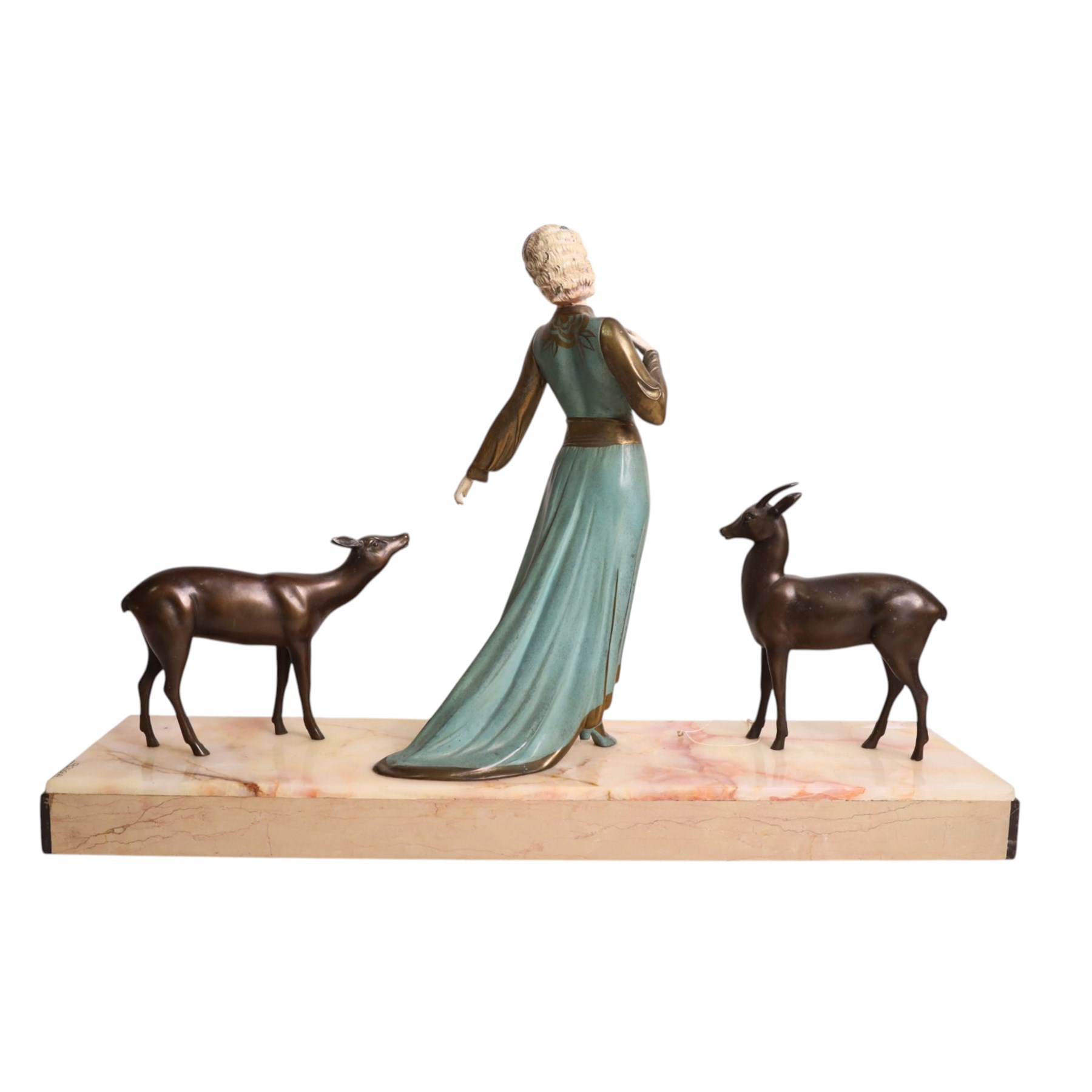 Art Deco painted spelter figure group, a lady and two deer, upon a rectangular marble base, signed Roggia, H44cm