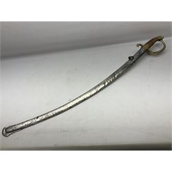19th century Russian Imperial Navy sword, with 77.5cm curving fullered blade, brass three-bar hilt with lozenge shaped langets and wire-bound leather grip; in polished steel scabbard with one suspension ring L97cm overall