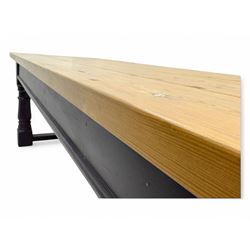 Late 20th century substantial pine refectory table, rectangular four-plank top over an indigo painted base featuring turned supports united by box stretchers