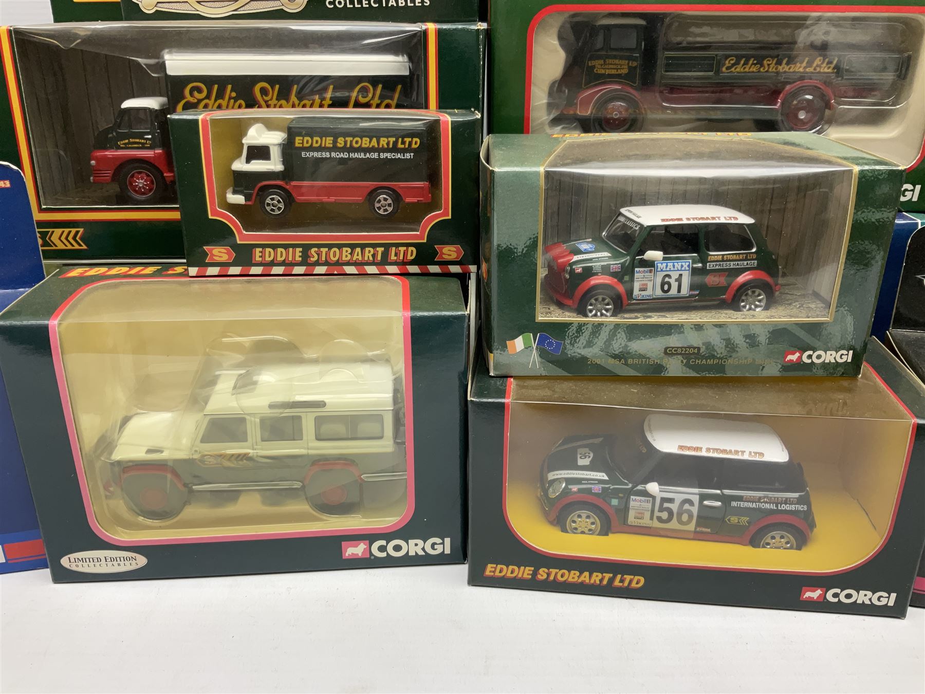 Corgi Eddie Stobart - thirteen various lorries, vans and cars including Reliant Regal, Minis, Land Rover etc; all boxed (13)