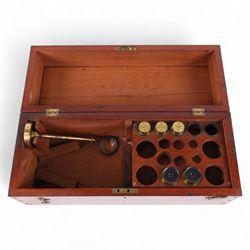 19th century brass binocular microscope by R&J Beck, London, numbered 5527, with rack and pinion focusing, with four eye pieces and three objective lenses, in wooden case