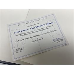 Leeds United football club - football association challenge cup competition final Saturday 11th April 1970 Chelsea vs Leeds United at Wembley programme, football association charity shield Saturday 10th August 1974 Leeds United vs Liverpool programme, various supporters pin badges, scarf for the league 1 playoff final Wembley stadium 25th May 2008, Danbury Mint 'Great Moments in the History of Leeds United' leather bound collectors edition, various used home game tickets etc