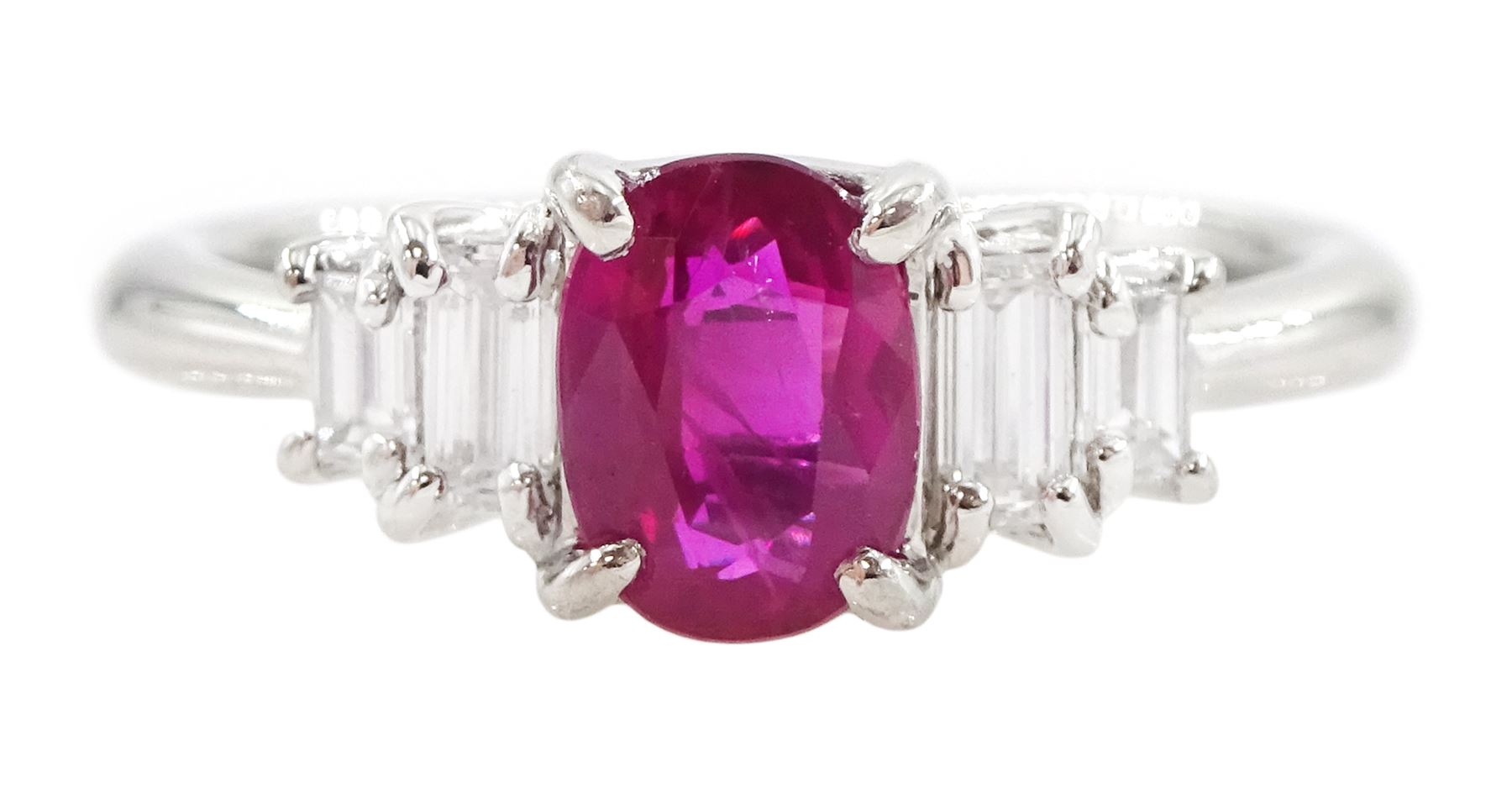 Platinum five stone oval cut Burmese ruby and baguette cut diamond ring, engraved 'PT900 R1.01 0.31', with GIA report