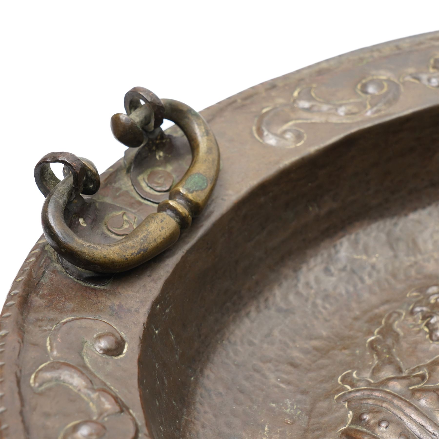 18th century Venetian copper two handled brazier, the base embossed with figures emerging from a cornucopia and a bishop's mitre, the border with embossed scrolls etc D50cm