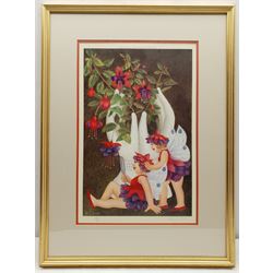 Beryl Cook OBE (British 1926-2008): 'Fuchsia Fairies', limited edition colour lithograph signed and numbered 282/650 in pencil pub. Alexander Gallery Publications Bristol 44cm x 28cm