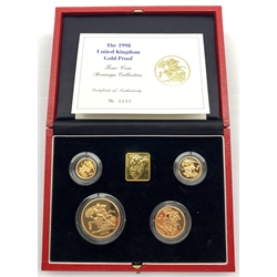 Queen Elizabeth II 1998 'United Kingdom gold proof Sovereign four coin collection', five pounds, double sovereign, full sovereign and half sovereign, cased with certificate, number 490