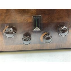 1930s Marconi model 296 valve radio, with Bakelite knobs and trim and 'M' over speaker fret, H40cm W46cm D27cm, together with 1930s Ferguson 702 valve radio with Bakelite knobs, H47cm