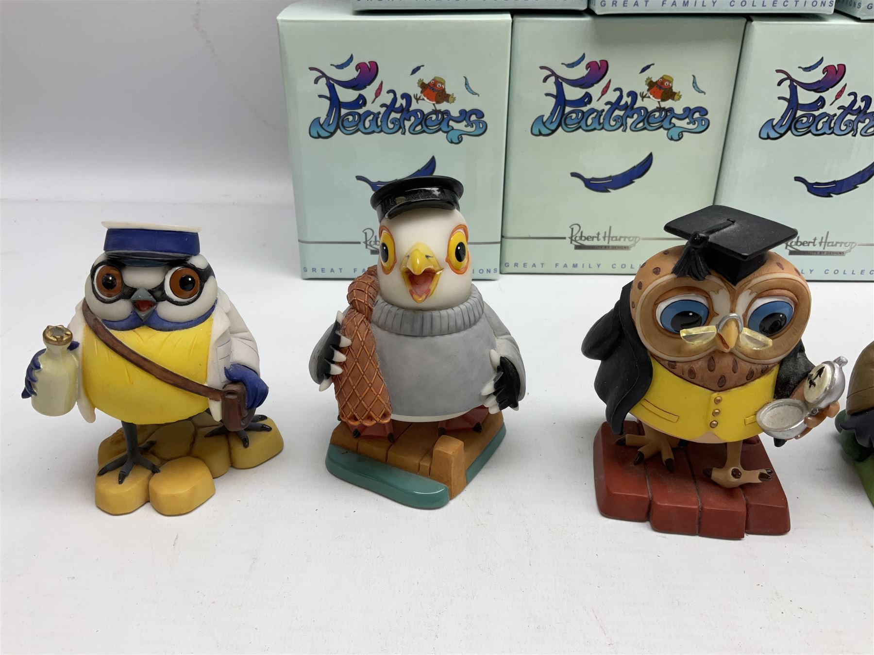 Seven Robert Harrop figures from the Feathers collection, modelled as anthropomorphic birds comprising Blue Tit Milkman, Mallard Boatman, Pheasant Lord of the Manor, Owl School Master, Woodpecker Forester, Swallow Aviator and Seagull Fisherman, all with original boxes