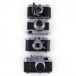 Collection of rangefinder and similar cameras, including Voigtlander, Retinette, Agima, Condor, Pentax, etc