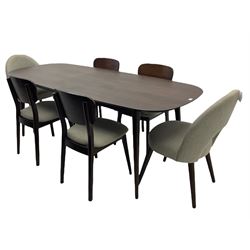 Bentley Designs - Premier collection 'Oslo' contemporary walnut extending dining table and six chairs upholstered in steel grey fabric. 