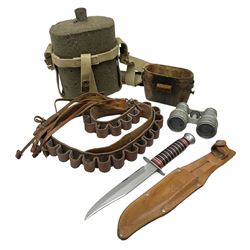 Mundial Brazil bowie knife, the 15.5cm steel blade inscribed 'Sheriff Knife', with banded and aluminium hilt; in leather sheath L29cm overall; British Army felt covered metal water bottle with webbing strap; leather 12-bore cartridge belt; and small pair of non-military binoculars in part case (4)