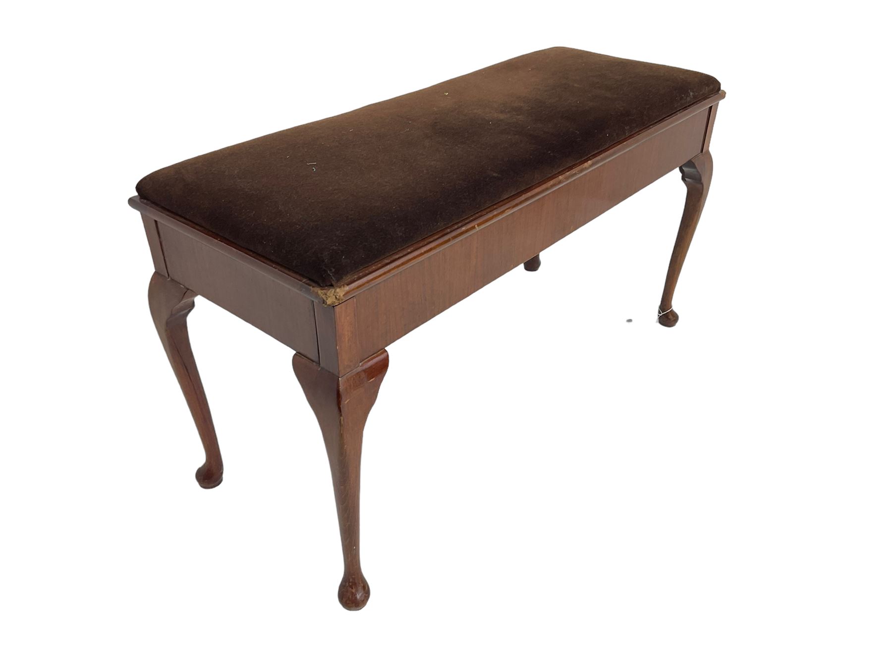 Early 20th century walnut duet piano stool, rectangular hinged lid with upholstered seat, on cabriole supports