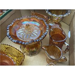 Collection of orange carnival glass, including jugs, dishes, vases etc, in two boxes 