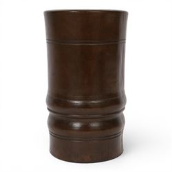 18th century turned fruitwood mortar, of tall proportions and cylindrical form with ring turned and moulded detail, 22.5cm 