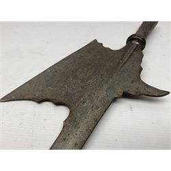 Moroccan jambiya dagger with 24.5cm plain curved blade stamped LONDON to the ricasso area, the hilt and scabbard overlaid with plain sheet brass to the back and ornate silver coloured metal to the front; waisted grip and arched pommel; two pyramid mounts to the scabbard L41cm overall; large billhook with curving blade and stacked leather washer grip; and a reproduction halberd blade (3)