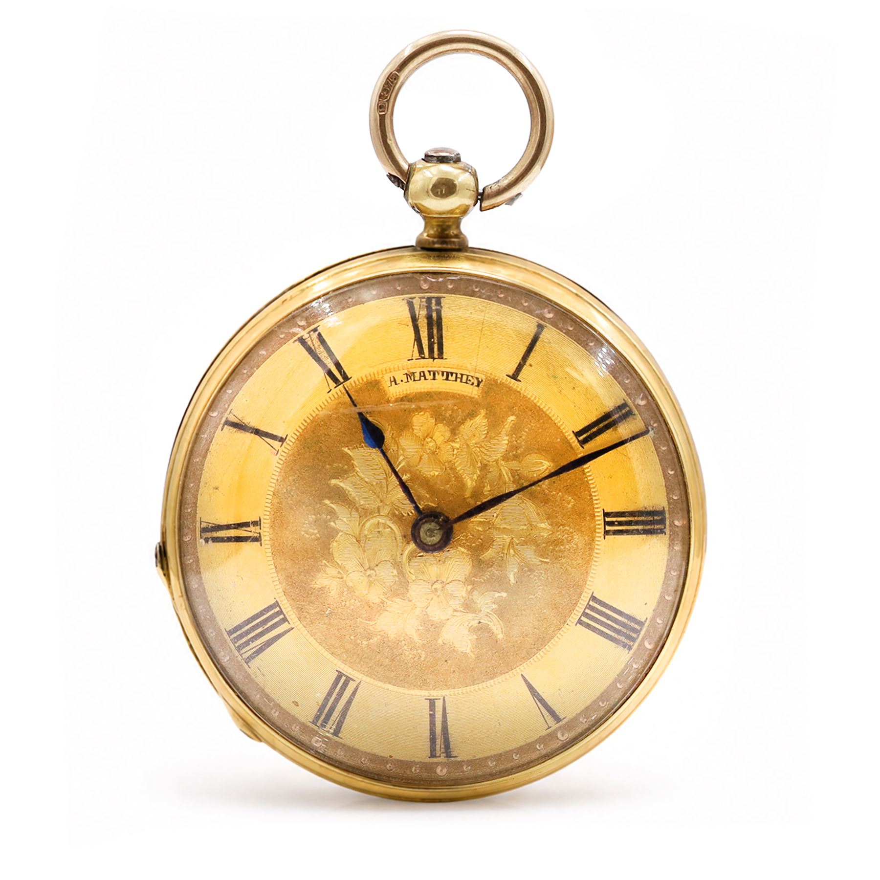 19th century 18ct gold cylinder pocket watch, gilt dial with Roman numeral hour markers, retailed by A.Matthey, back case with engine turned decoration and empty cartouche, stamped 18 Carat Fine