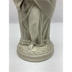 Parian ware figure of a woman leaning on corinthian column, H33cm