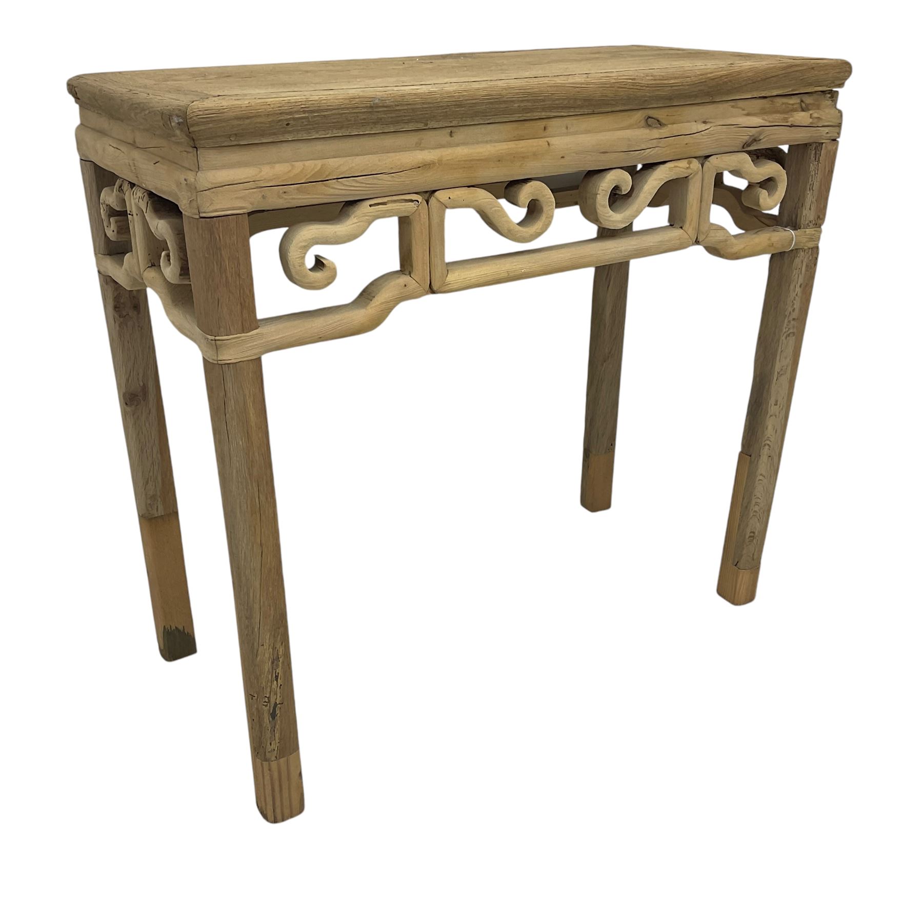 Chinese Ming design elm side table, rectangular top over shaped frieze rails, on square supports with curved outer edge 