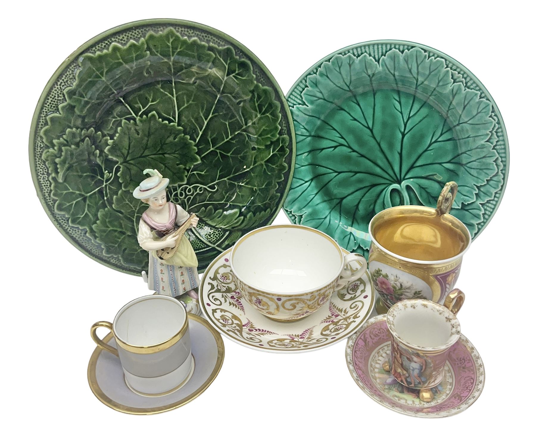 Wedgwood majolica leaf plate, together with another similar and together with a Dresden figure, etc 