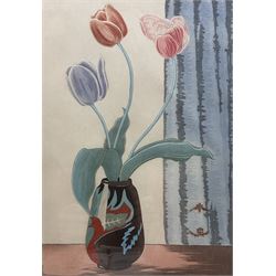 Yoshijiro (Mokuchu) Urushibara (Japanese 1888-1953): 'Tulips', original proof woodblock print signed and numbered No14 in pencil, original title label verso 40cm x 27.5cm