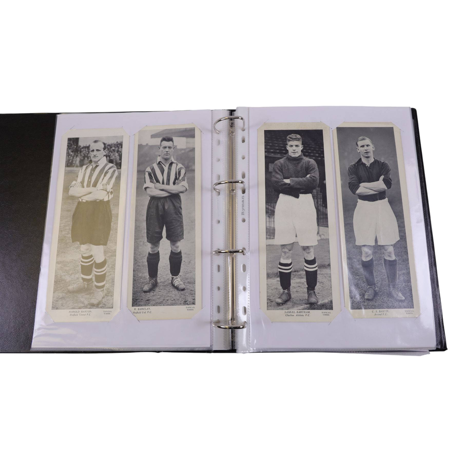 Collection of 1930s and later Football related trading and cigarette cards, including complete set of sixteen 1936 Topical Times Panel Portraits of Star Footballers, collection of further 1930s Footballer Panel Portraits, complete set of twenty-five 1955 The Wizard Famous Footballer cards, complete set of fifty Wills Association Footballers 1935, complete set of fifty Godfrey Phillips International Caps cards, etc, housed in three albums